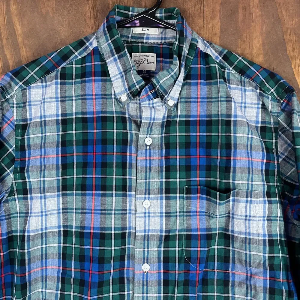 J Crew Mens Shirt Blue Green Gray Red Plaid Slim Fit Collared Button Down Medium